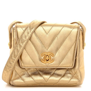 CHANEL | Gold Lambskin Chevron Quilted Micro Flap Bag