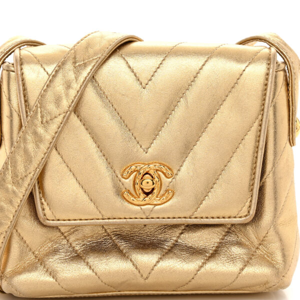 CHANEL | Gold Lambskin Chevron Quilted Micro Flap Bag - Image 5