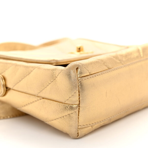 CHANEL | Gold Lambskin Chevron Quilted Micro Flap Bag - Image 6