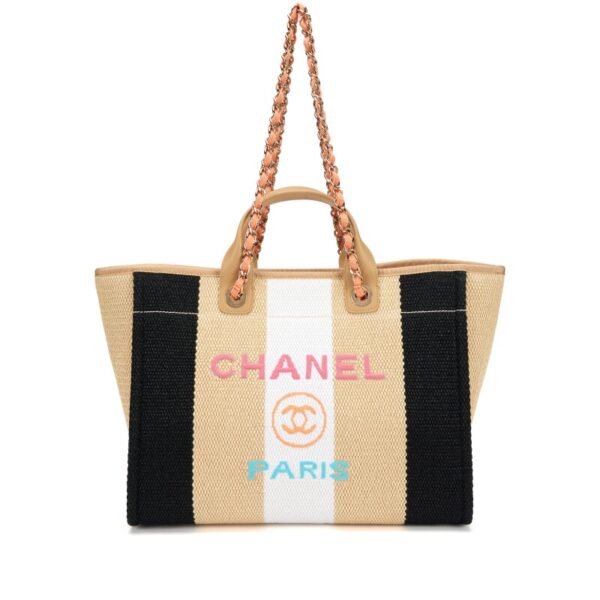 CHANEL | Deauville Tote Grande en Raffia a Rayas – Negro, Blanco y Beige