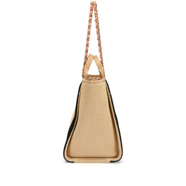 CHANEL | Deauville Tote Grande en Raffia a Rayas – Negro, Blanco y Beige - Image 3