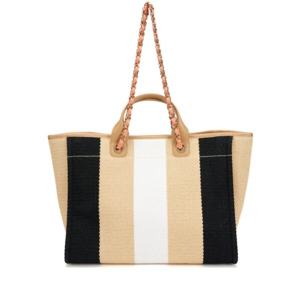 CHANEL | Deauville Tote Grande en Raffia a Rayas – Negro, Blanco y Beige - Image 2
